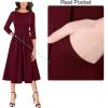 imageVFSHOW Womens Elegant Pockets Belted Work Business Office Casual Party Pleated ALine Midi DressDark Red Burgundy