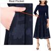 imageVFSHOW Womens Elegant Pockets Belted Work Business Office Casual Party Pleated ALine Midi DressNavy Bluetextured Floral Chiffon