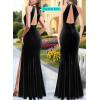 imageVFSHOW Womens Formal Illusion Halter Keyhole Back Prom High Slit Maxi Dress Wedding Guest Applique Twist Front Evening GownBlack Velvet