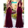 imageVFSHOW Womens Formal Illusion Halter Keyhole Back Prom High Slit Maxi Dress Wedding Guest Applique Twist Front Evening GownBurgundy Velvet