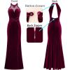 imageVFSHOW Womens Formal Illusion Halter Keyhole Back Prom High Slit Maxi Dress Wedding Guest Applique Twist Front Evening GownBurgundy Velvet