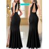imageVFSHOW Womens Formal Illusion Halter Keyhole Back Prom High Slit Maxi Dress Wedding Guest Applique Twist Front Evening GownSolid Blackwithout Glitter