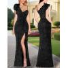 imageVFSHOW Womens Formal Prom Elegant Ruffle One Shoulder Beaded Strap Ruched Slit Maxi Dress Wedding Evening Long GownSparkly Black With Floral Print