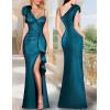imageVFSHOW Womens Formal Prom Elegant Ruffle One Shoulder Beaded Strap Ruched Slit Maxi Dress Wedding Evening Long GownSparkly Blue and Black