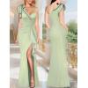 imageVFSHOW Womens Formal Prom Elegant Ruffle One Shoulder Beaded Strap Ruched Slit Maxi Dress Wedding Evening Long GownSparkly Sage Green B