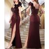 imageVFSHOW Womens Formal Prom Ruffle One Shoulder Strap Ruched Maxi Dress 2024 Sexy Twist Front Split Wedding Guest Evening GownSparkly Dark Red and Black