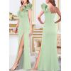 imageVFSHOW Womens Formal Prom Ruffle One Shoulder Strap Ruched Maxi Dress 2024 Sexy Twist Front Split Wedding Guest Evening GownSparkly Sage Green