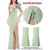 imageVFSHOW Womens Formal Prom Ruffle One Shoulder Strap Ruched Maxi Dress 2024 Sexy Twist Front Split Wedding Guest Evening GownSparkly Sage Green