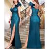 imageVFSHOW Womens Formal Prom Ruffle One Shoulder Strap Ruched Maxi Dress 2024 Sexy Twist Front Split Wedding Guest Evening GownSparkly Teal Blue and Black