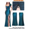 imageVFSHOW Womens Formal Prom Ruffle One Shoulder Strap Ruched Maxi Dress 2024 Sexy Twist Front Split Wedding Guest Evening GownSparkly Teal Blue and Black