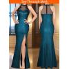 imageVFSHOW Womens Formal Sexy Halter High Slit Prom Wedding Guest Maxi Dress 2023 Illusion Sweetheart Neckline Evening Long GownSparkly Teal Blue and Black