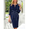 imageVFSHOW Womens Front Zipper Tie Waist Bow Slim Work Business Office Party Bodycon Pencil Sheath DressDark Blue and White Piping