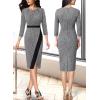imageVFSHOW Womens Pleated Crew Neck Front Slit Work Business Office Bodycon Sheath Pencil DressBlack Tweed