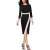 imageVFSHOW Womens Pleated Crew Neck Front Slit Work Business Office Bodycon Sheath Pencil DressBlack and Beige