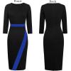 imageVFSHOW Womens Pleated Crew Neck Front Slit Work Business Office Bodycon Sheath Pencil DressBlack and Blue