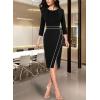 imageVFSHOW Womens Pleated Crew Neck Front Slit Work Business Office Bodycon Sheath Pencil DressBlackwhite Piping