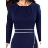 imageVFSHOW Womens Pleated Crew Neck Front Slit Work Business Office Bodycon Sheath Pencil DressNavy Bluewhite Piping