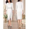 imageVFSHOW Womens Pleated Crew Neck Front Slit Work Business Office Bodycon Sheath Pencil DressOffwhite  Black Piping