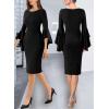 imageVFSHOW Womens Ruffle Bell Sleeves Business Cocktail Party Bodycon Pencil Sheath DressBlack
