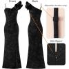 imageVFSHOW Womens Ruffle One Shoulder Strap Ruched Formal Prom Wedding Maxi Dress V Neck Elegant Split Cocktail Evening Long GownSparkly Black With Floral Print