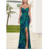 imageVFSHOW Womens Sexy Formal Ruched Fitted High Slit Bodycon Maxi Dress Spaghetti Strap Sweetheart Cocktail Prom Evening GownBlue With Green Floral Print