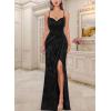 imageVFSHOW Womens Sexy Formal Ruched Fitted High Slit Bodycon Maxi Dress Spaghetti Strap Sweetheart Cocktail Prom Evening GownSparkly Black With Floral Print
