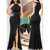 imageVFSHOW Womens Sexy Halter Neck Beaded Ruffle Slit Prom Formal Maxi Dress 2023 Wedding Guest Twist Front Cocktail Evening GownShiny Black