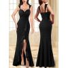 imageVFSHOW Womens Sweetheart V Neck Twist Front Backless Ruched Ruffle Slit Formal Evening Gown Maxi Long DressSparkly Black