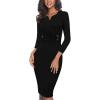 imageVFSHOW Womens Elegant Notch Neck Ruched Cocktail Party Work Office Business Church Bodycon Sheath DressBlack