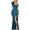 imageVFSHOW Womens Formal Prom Elegant Ruffle One Shoulder Beaded Strap Ruched Slit Maxi Dress Wedding Evening Long GownSparkly Blue and Black