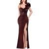 imageVFSHOW Womens Formal Prom Ruffle One Shoulder Strap Ruched Maxi Dress 2024 Sexy Twist Front Split Wedding Guest Evening GownSparkly Dark Red and Black