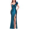 imageVFSHOW Womens Formal Prom Ruffle One Shoulder Strap Ruched Maxi Dress 2024 Sexy Twist Front Split Wedding Guest Evening GownSparkly Teal Blue and Black