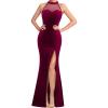 imageVFSHOW Womens Formal Sexy Halter High Slit Prom Wedding Guest Maxi Dress 2023 Illusion Sweetheart Neckline Evening Long GownBurgundy Velvet