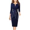 imageVFSHOW Womens Front Zipper Tie Waist Bow Slim Work Business Office Party Bodycon Pencil Sheath DressDark Blue and White Piping