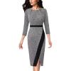 imageVFSHOW Womens Pleated Crew Neck Front Slit Work Business Office Bodycon Sheath Pencil DressBlack Tweed