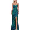 imageVFSHOW Womens Sexy Formal Ruched Fitted High Slit Bodycon Maxi Dress Spaghetti Strap Sweetheart Cocktail Prom Evening GownBlue With Green Floral Print