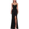 imageVFSHOW Womens Sexy Formal Ruched Fitted High Slit Bodycon Maxi Dress Spaghetti Strap Sweetheart Cocktail Prom Evening GownSparkly Black With Floral Print