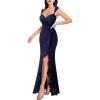 imageVFSHOW Womens Sweetheart V Neck Twist Front Backless Ruched Ruffle Slit Formal Evening Gown Maxi Long DressSparkly Navy Blue