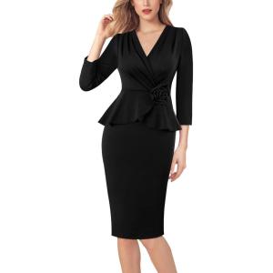 imageVFSHOW Womens 2024 Business Church Vintage Work Office Faux Wrap V Neck Slim Bodycon Pencil DressBlackb