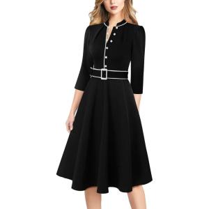imageVFSHOW Womens 2024 Business Work Office 34 Sleeve Pockets Belted Buttons Elegant Fit and Flare ALine DressBlack With White Piping