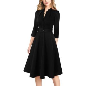 imageVFSHOW Womens 2024 Business Work Office 34 Sleeve Pockets Belted Buttons Elegant Fit and Flare ALine DressBlackb