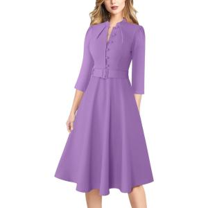 imageVFSHOW Womens 2024 Business Work Office 34 Sleeve Pockets Belted Buttons Elegant Fit and Flare ALine DressLight Purple
