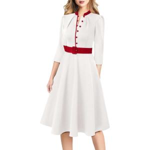imageVFSHOW Womens 2024 Business Work Office 34 Sleeve Pockets Belted Buttons Elegant Fit and Flare ALine DressOff White With Red