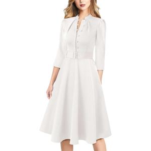 imageVFSHOW Womens 2024 Business Work Office 34 Sleeve Pockets Belted Buttons Elegant Fit and Flare ALine DressOffwhite