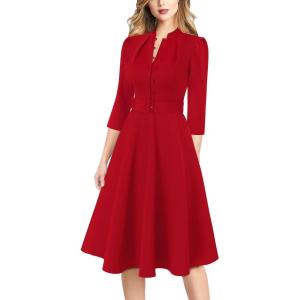 imageVFSHOW Womens 2024 Business Work Office 34 Sleeve Pockets Belted Buttons Elegant Fit and Flare ALine DressRed