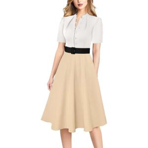 imageVFSHOW Womens 2024 Business Work Office Pockets Belted Buttons Elegant Fit and Flare ALine DressOff Whiteblackbeige
