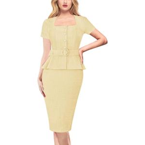imageVFSHOW Womens 2024 Business Work Office Square Neck Belted Peplum Buttons Slim Bodycon Sheath DressTextured Yellow