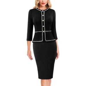 imageVFSHOW Womens 2024 Fall Winter Office Business Work Church Dresses Tweed Peplum Slimming Bodycon Pencil Sheath DressBlack