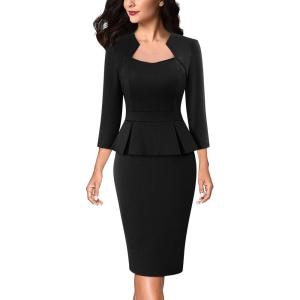 imageVFSHOW Womens 2024 Square Neck Peplum Work Business Office Slim Pencil Sheath DressBlack
