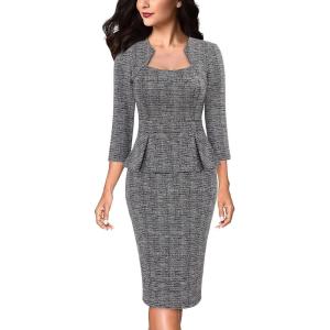 imageVFSHOW Womens 2024 Square Neck Peplum Work Business Office Slim Pencil Sheath DressBlack Tweed